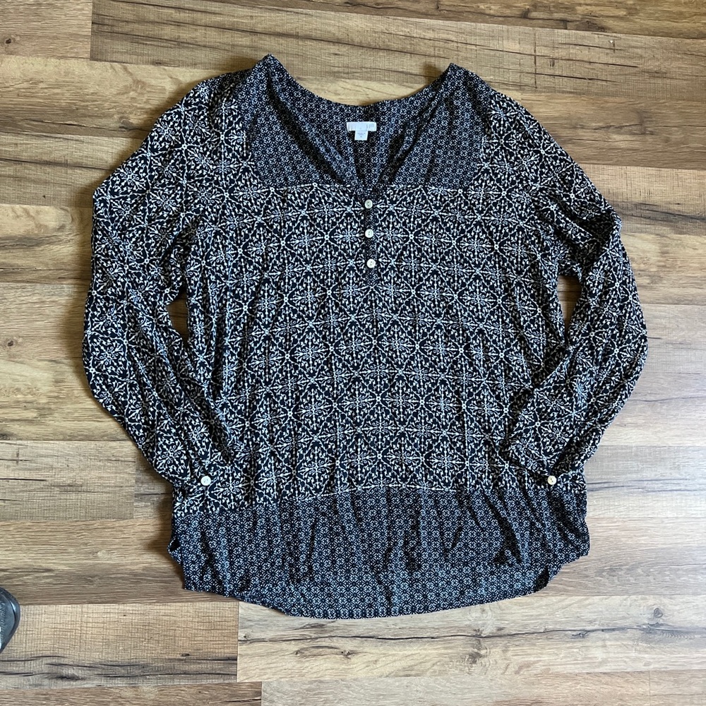 J. Jill Black and Cream Printed Long-Sleeve Henley Top